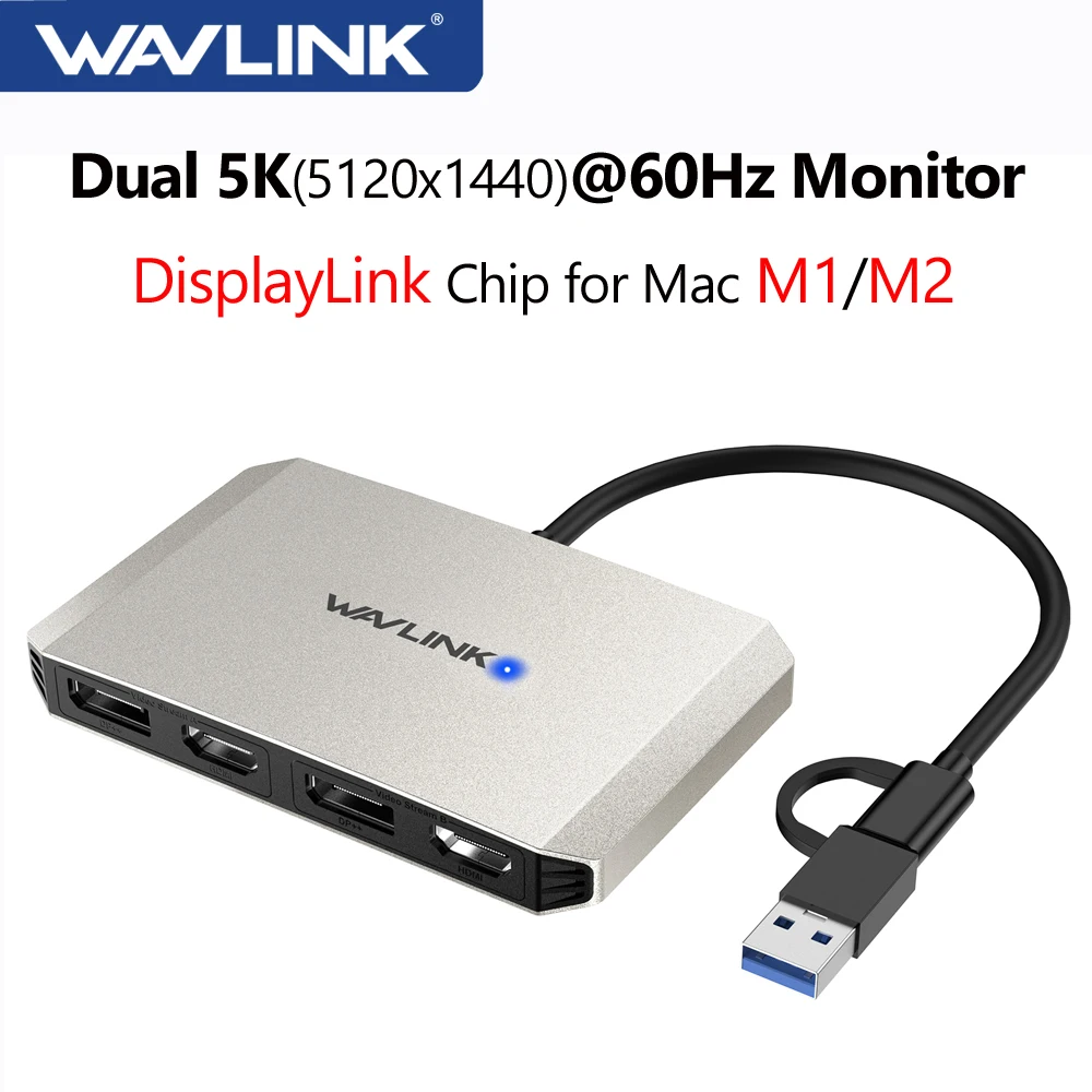 WAVLINK USB 3.0, USB C-디스플레이 포트, HDMI 디스플레이 어댑터, 듀얼 5K @ 60Hz 모니터 허브, 맥 M1 M2 윈도우 디스플레이 링크 DL6950 칩용