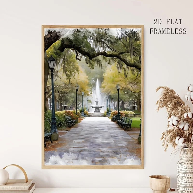 2D Flat, 1pc, 2D Flat, No Frame, Multiple Sizes, Canvas Painting; Savannah Forsyth Park Fountain Watercolor Painting: Georgia