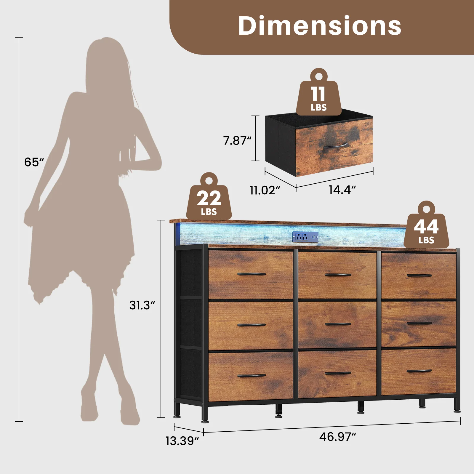 MCQ Living Room TV Stand Cabinet For 32-52 inch 9 Fabric Drawers Wood Top Media Console with Storage Display Of Home Furniture