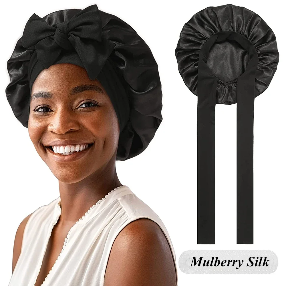 【NEW】100% Mulberry Silk Sleeping Bonnet for Women Large Sleep Cap with Wide Elastic Tie Band for Curly Dreadlock Braid Hair Care