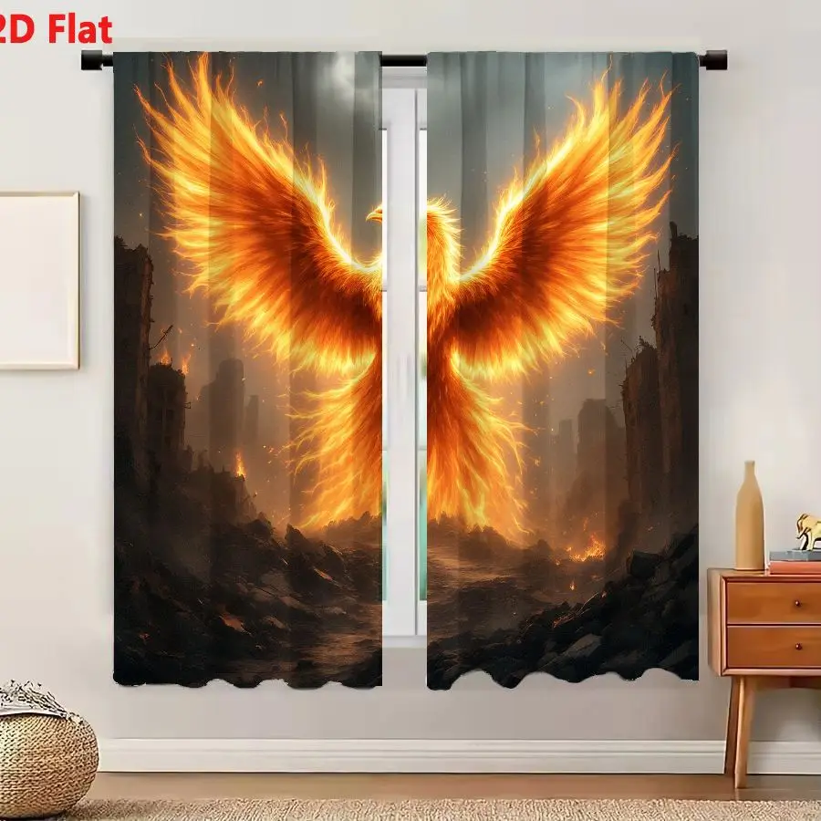 2Pcs Curtains 2D Flat Majestic Phoenix Rising From Ashes Of Destroyed Cityscape Fiery Orange Golden Flames Wings Spread Wide Pow