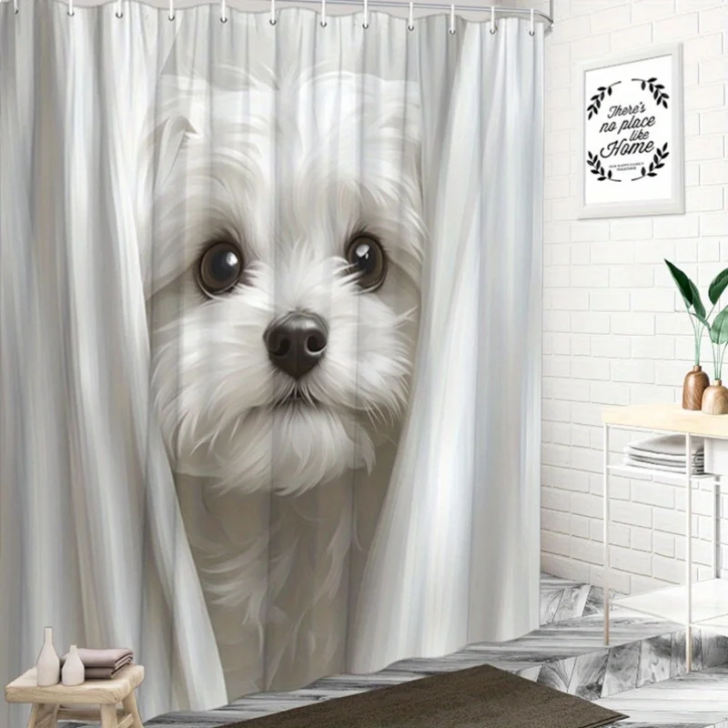 

Милая занавеска для душа с изображением белой собачки, водонепроницаемая, легко моющаяся, с защитой от посторонних глаз, с принтом, художественный дизайн для любителей животных, романтический дизайн ко Дню святого Валентина