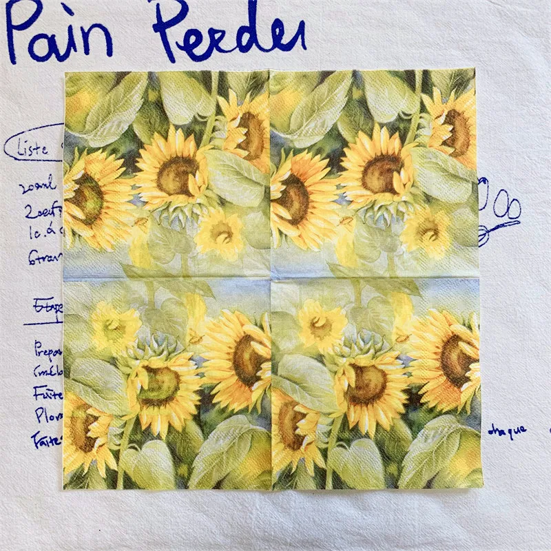 20Pcs/Bag Vintage Sunflower Decoupage Paper Napkins Yellow Floral Paper Tissues for Party Tableware Xmas Supplies 25x25cm