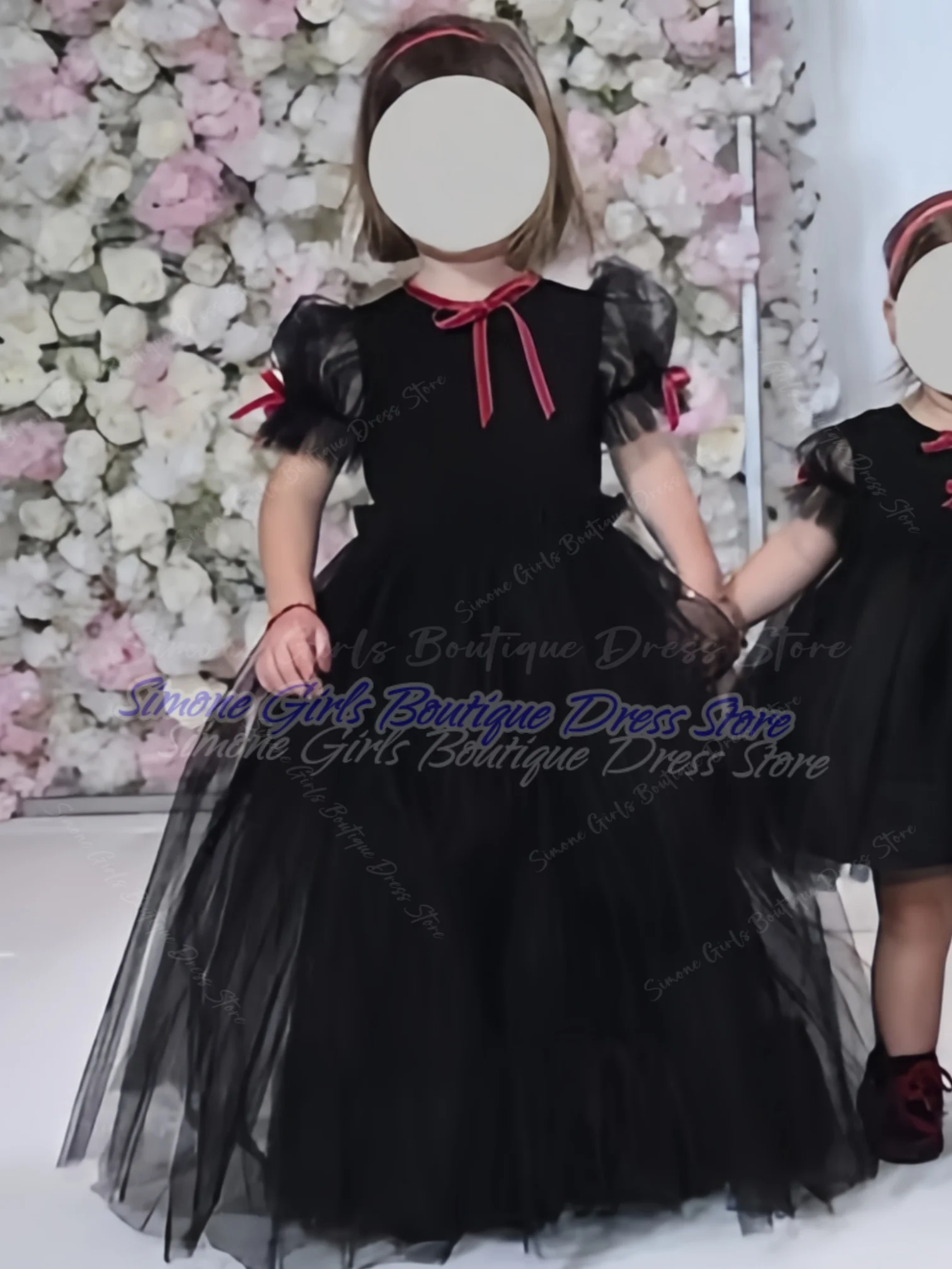 かわいい黒のふわふわスカート、ベルベットのリボン、フラワーガールドレス、結婚式、フラワーチャイルド、誕生日パーティー、祝祭に