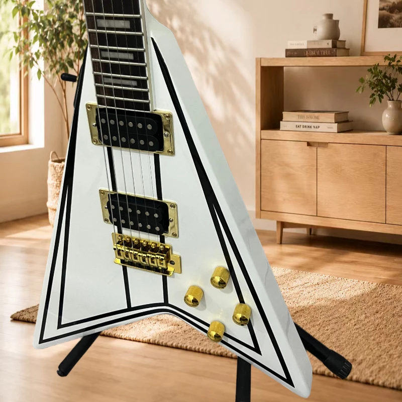 Electric Guitar Pure White Black Lines V-shaped Maple Neck Rosewood Neck Heavy Metal High-speed Glissando Free Delivery