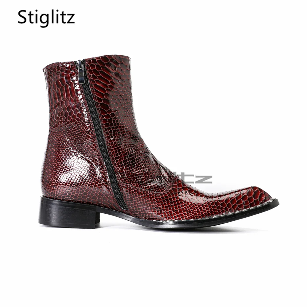 Multi Buckles Snake Print Chelsea Boots for Men Wine Red Genuine Leather Pointed Toe Side Zipper Business Dress Wedding Shoes