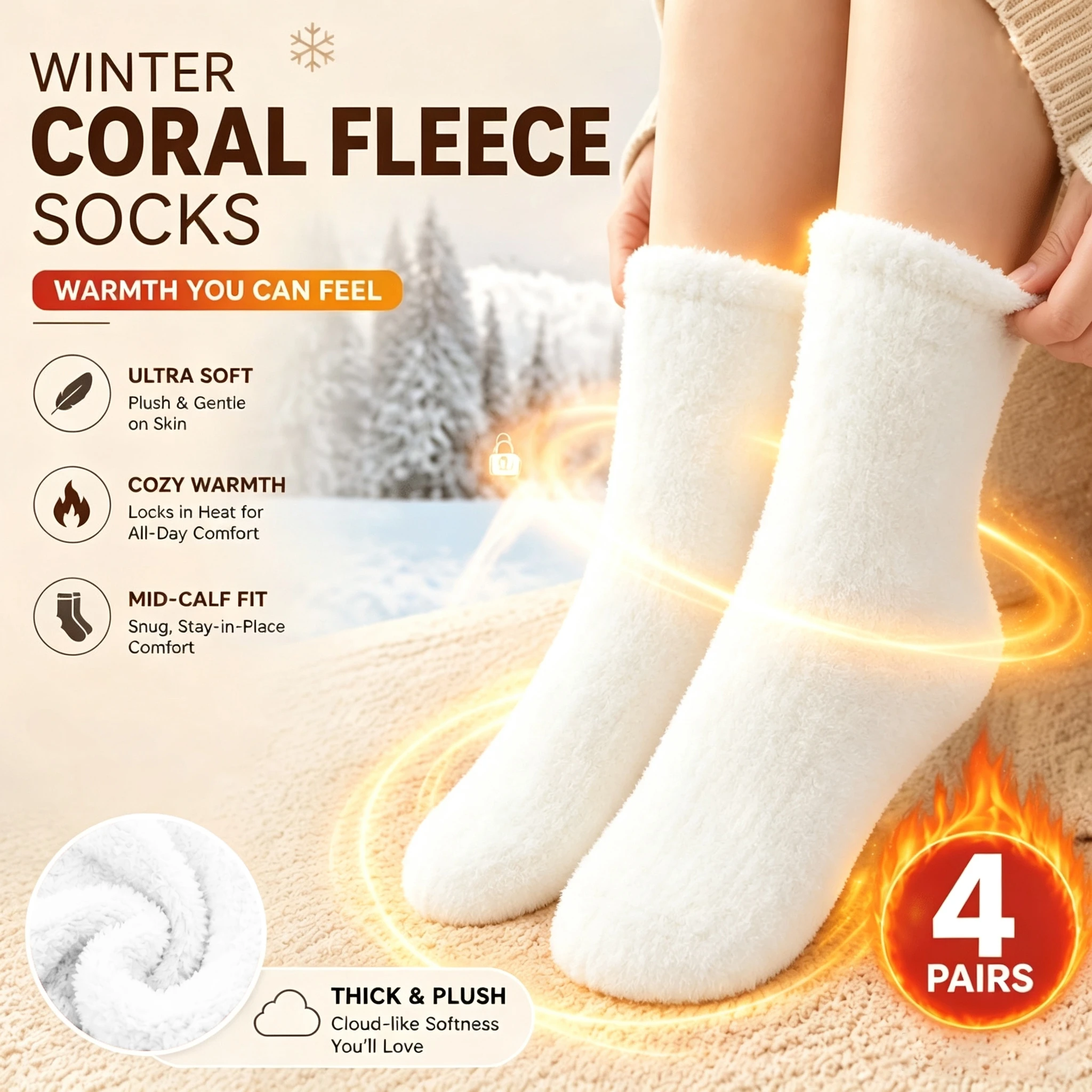 4 Pairs Of Autumn And Winter Women's Plush Thick Sweet Pure Color Coral Fleece Versatile And Comfortable Warm White Woolen Socks