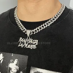 ULJ Men Women Hip Hop realhasta lamuerte Letter Pendant Necklace 12MM Cuban chain Iced out Bling Hiphop Fashion Charm Jewelry