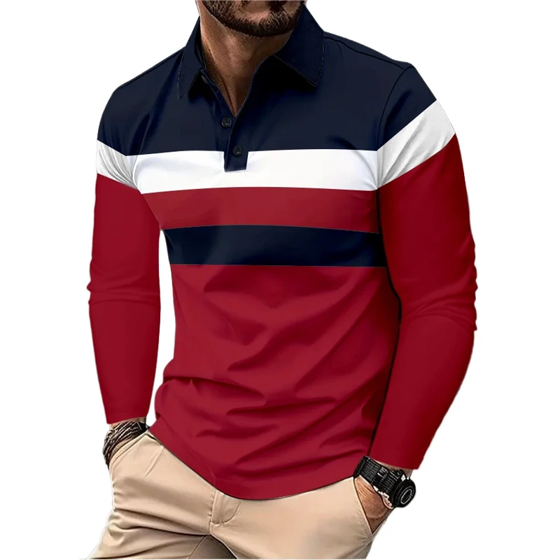 Fashion Simple Style Men's Polo Shirts Classic Stripe Splice Printed Shirt Spring And Autumn Casual Long Sleeve Daily Basic Tops