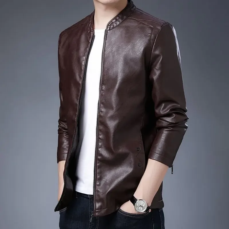 

2025 New Men's PU Leather Jacket Korean Design Slim Fit Warm Winter Coat Fashionable Casual Streetwear
