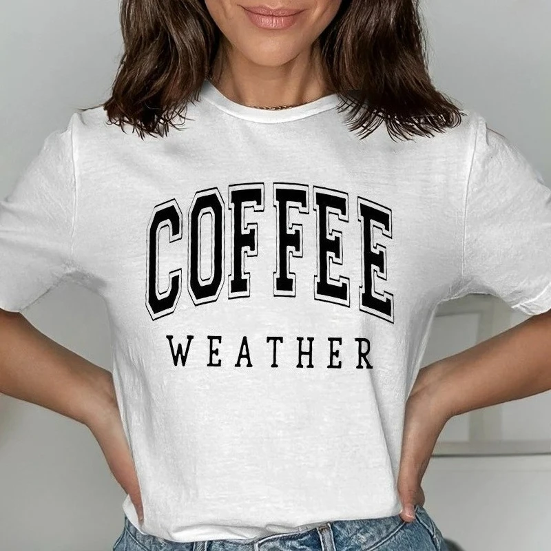 Camiseta con estampado de café y letras a moda camiseta informal versátil de manga corta con cuello redondo para mujer
