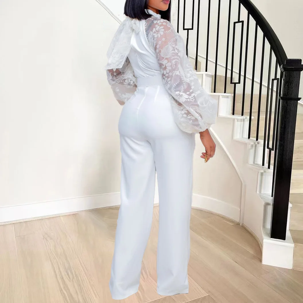 Elegant Jumpsuits for Women 2025 Lantern Sleeve High Waisted Solid Fashion Office Ladies Formal Business Work Wear Overalls Hot