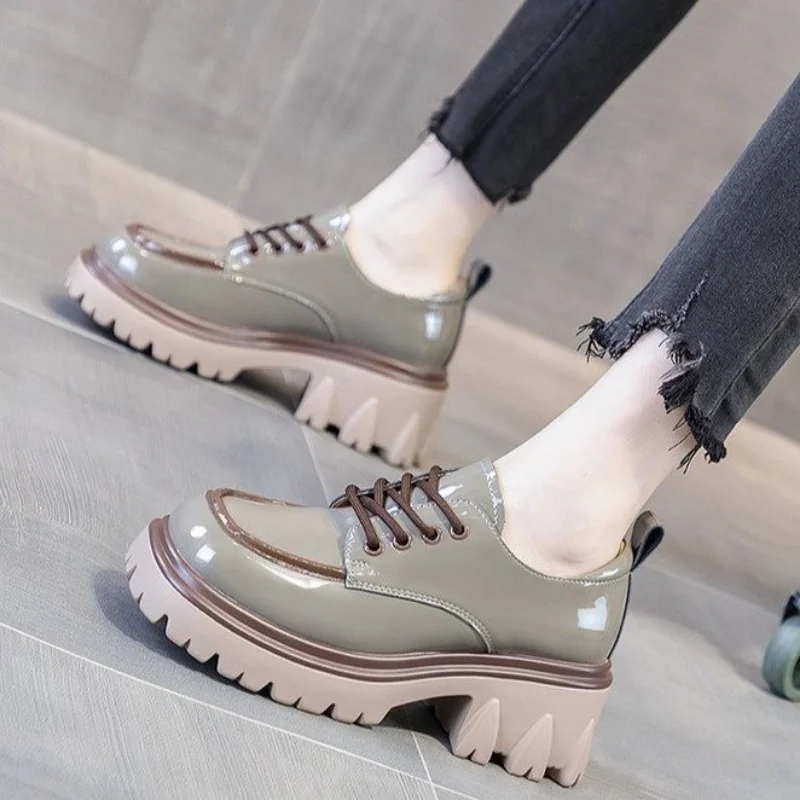 Women Shoes Patent Leather Square Toe Lace-up Thick Sole Non-slip Loafers Color Matching Versatile High Heels