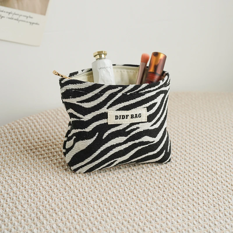 Women\'s Makeup Bag Zebra Print Small Canvas Item Cosmetics Storage Bag Portable Zipper Design Clutch Bag Commuter Coin Purse Ins