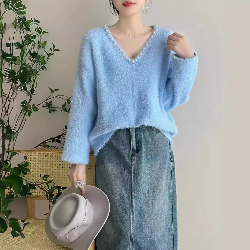 Jersey Mujer Fall Winter Fashion New Jumper V Neck Solid Pearls Knitted Sweater Korean Style Loose Women Sweaters And Pullovers