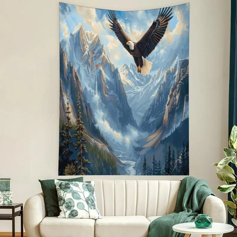 VIKAMA Bald Eagle Mountain Tapestry Wall Hanging Soaring Bird Snow Valley Pine Forest Nature Aesthetic Wall Art Decor