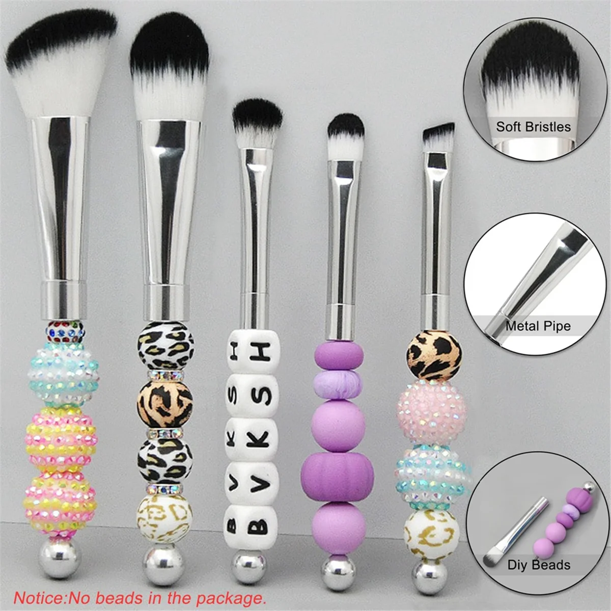 Beadable Maquiagem Brushes Kit, Silicone Beads, cosméticos, DIY