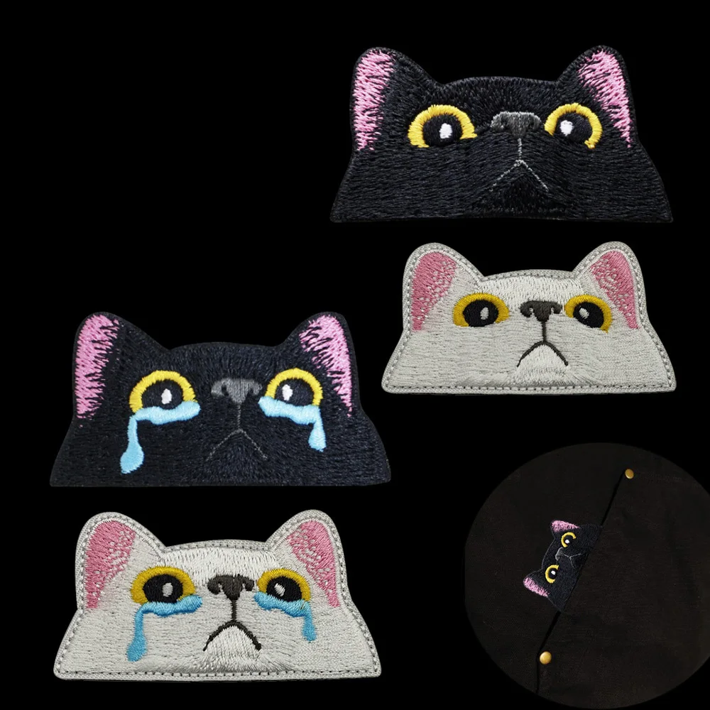 New Design of Fun Black Cat Face Embroidered Cloth Attached Cute Crying Cat Armband Backpack Hook&Loop Patches for Clothing