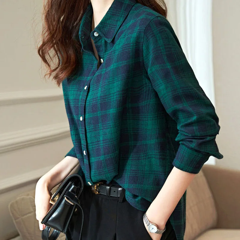 Thin Single Breasted Slim Women Shirt Office Lady Polo-neck Long Sleeve Button Women\'s Clothing Plaid Spring Autumn Korean Trend