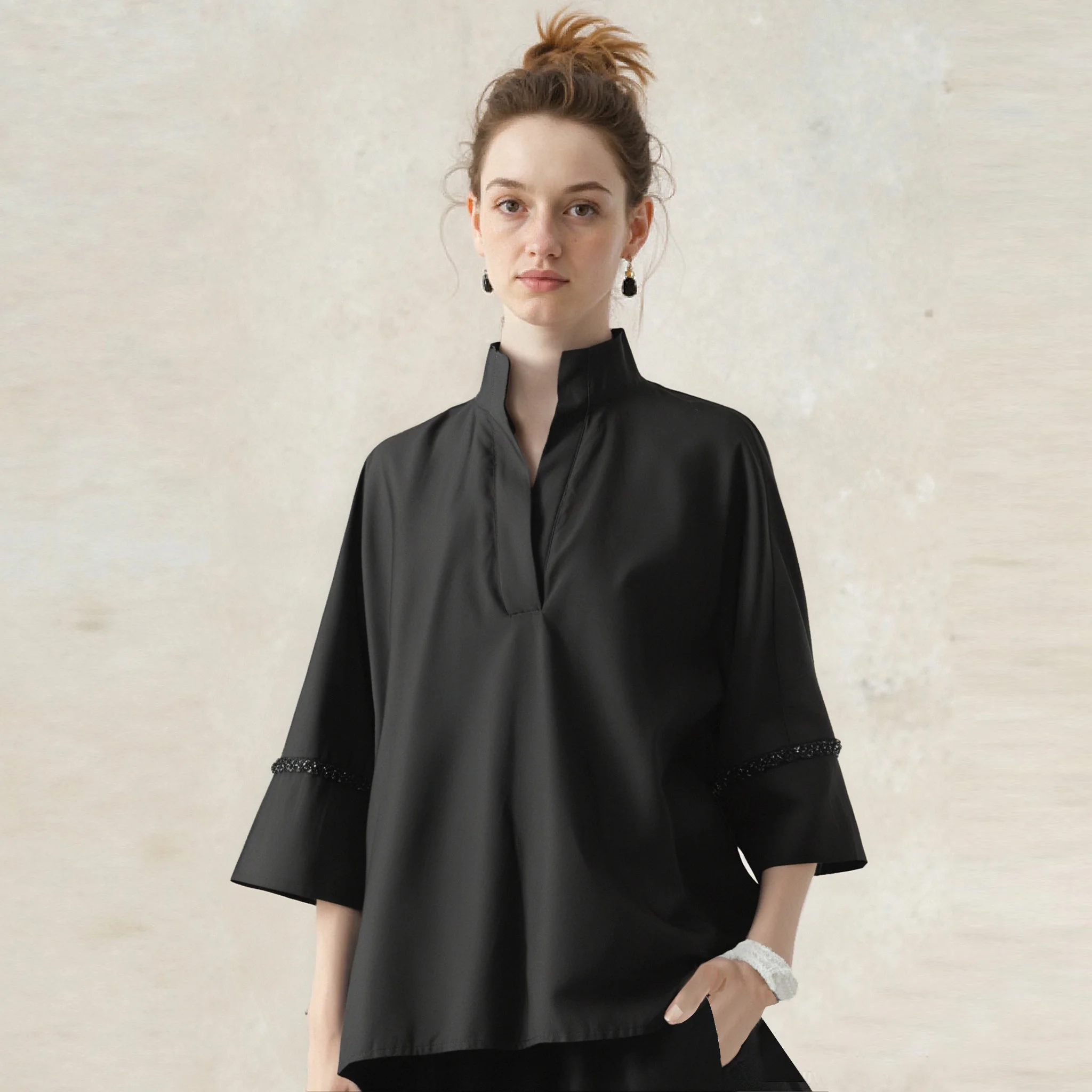 

New Women Shirts Casual Sequin Three-Quarters Sleeve Blouse Elegant Irregular Lapel Loose Shirt Spring Solid Office Lady Tops