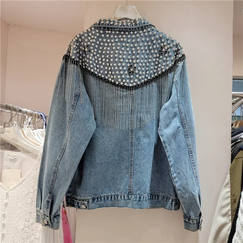 Heavy Work Rivet Diamond Chain Tassel Denim Coat Women Autumn Loose Long Sleeve Blue Short Jeans Jacket Female Casual Streetwear