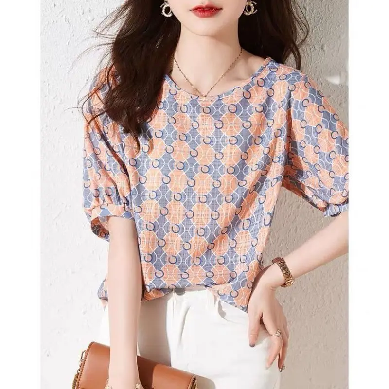 

Women Clothing 2025 Spring New Casual Pullovers Loose Office Lady Shirt Elegant O-Neck Spliced All-match Printed Chiffon Blouse