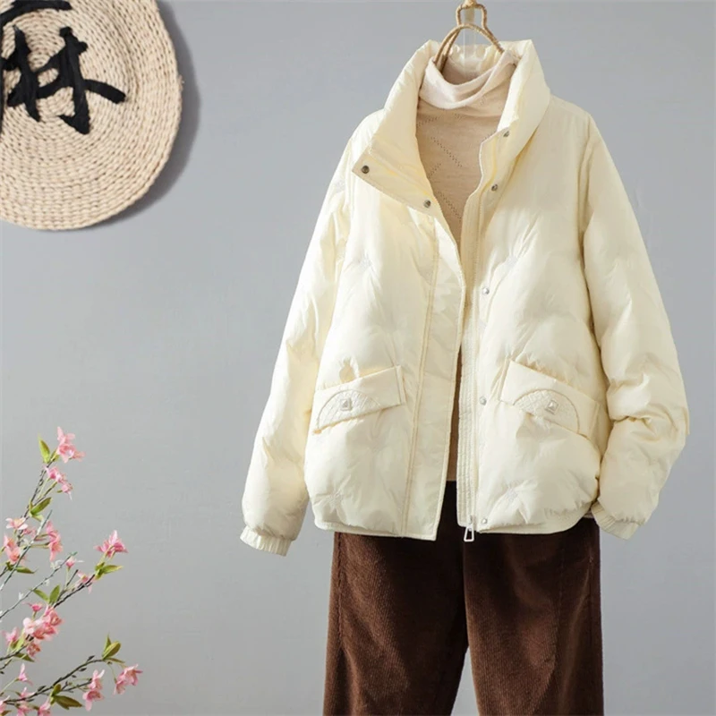 Schinteon 여성용 화이트 오리 다운 재킷 캐주얼 루즈 피트 스탠드 칼라 코트 자수 가을 겨울 따뜻한 빈티지 아웃웨어 2025