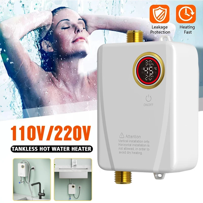 

110V/220V Electric Water Heater Bathroom Kitchen Wall Mounted Instant Heating Water Heater 3S Hot Shower LCD Temperature Display