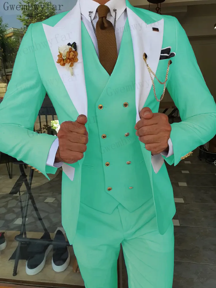 Gwenhwyfar Mintgroen Bruidegom Mannelijke Bruiloft Prom Suit Slim Fit Tuxedo Heren Formele Zakelijke Werkkleding Suits 3 Stuks (jas + Broek + Vest)