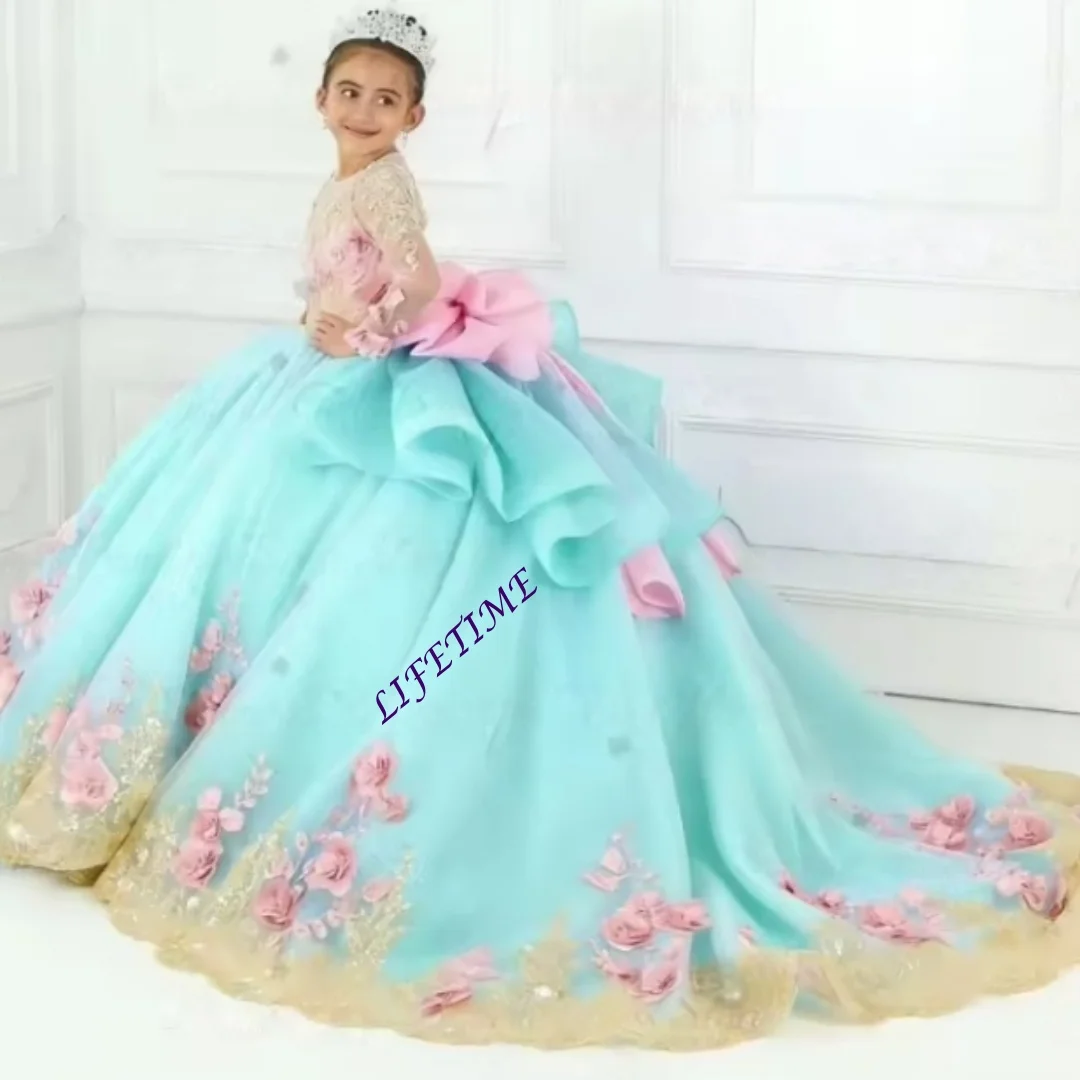 Wunderschönes Lavendel-Blumenmädchenkleid aus Tüll, Flauschig mit Exquisiten Rosa Applikationen, Maßgeschneiderte Qualität für Hochzeit, Geburtstag, Abend