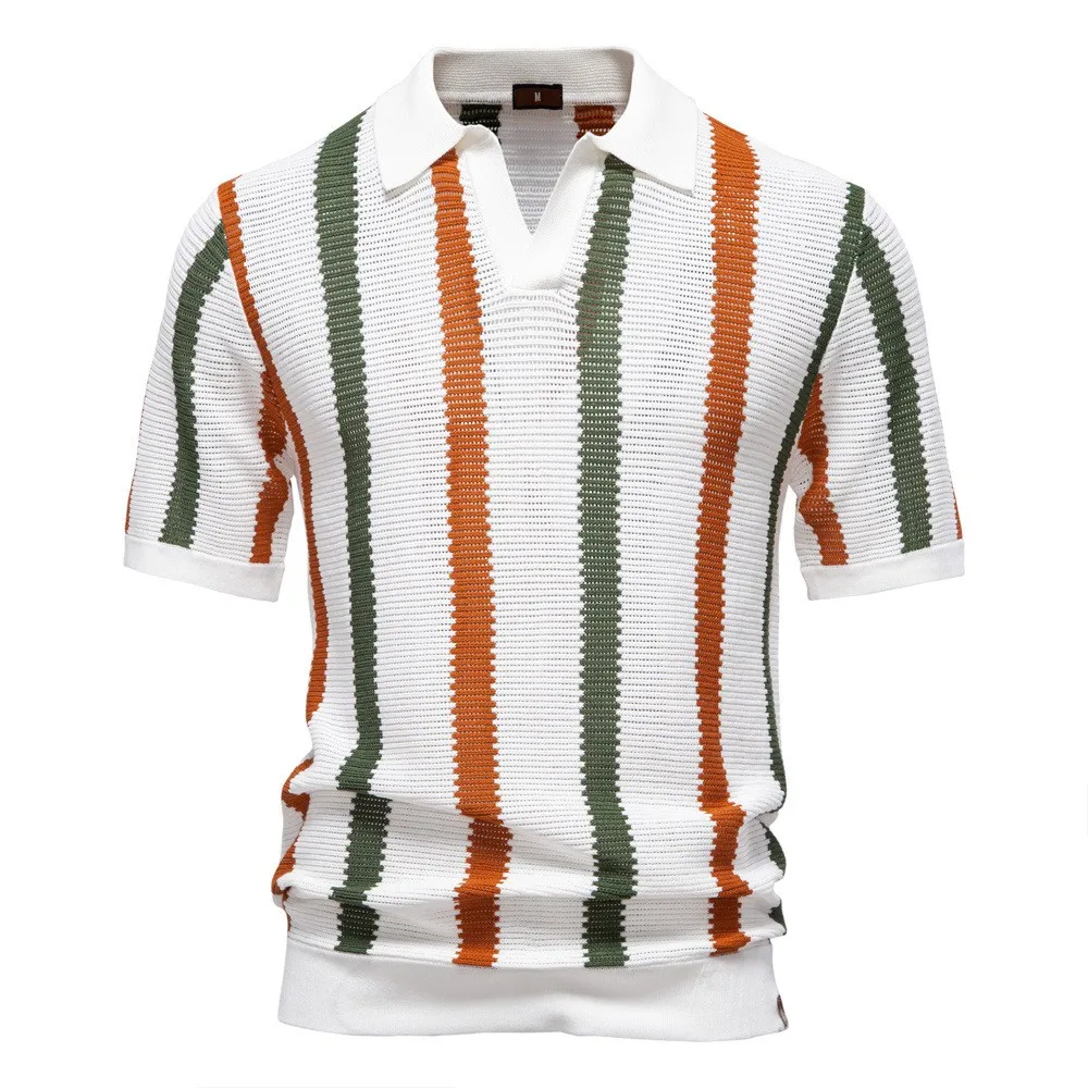 

Men's Summer New Breathable Hollow Out Short Sleeve Polo Shirt Fashion Business Striped Knitted Polo Tops Soft Lightweight