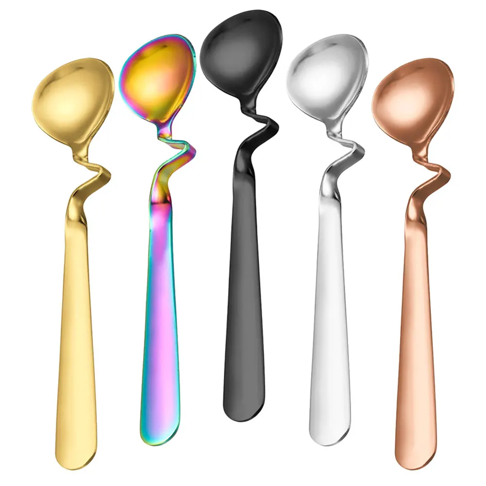 

5Pcs Practical Stainless Steel Spoons Curved Handle Coffee Stirring Dessert Spoons for Home Cafe Hotel Elegant Design