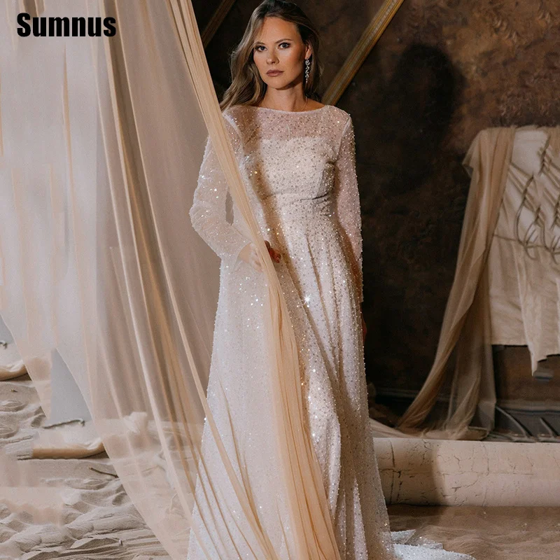 Sumnus-vestido de fiesta moderno, corte en A, cuello redondo, manga larga, cuentas, vestido de noche con lentejuelas, Gala, فساتmaveraPersonalizzato