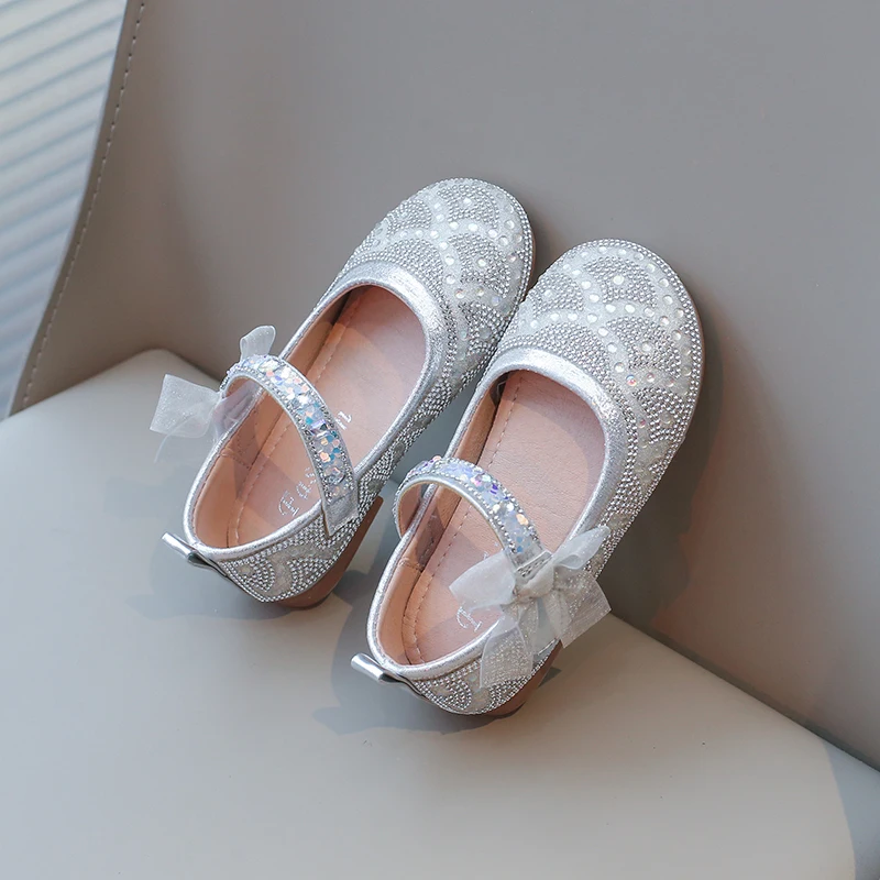 Girls Mary Jane Shoes Silver Thin Glitter Drill Girls Small Leather Shoes Pink Flat Non-slip Kids Princess Single Shoes Sandals