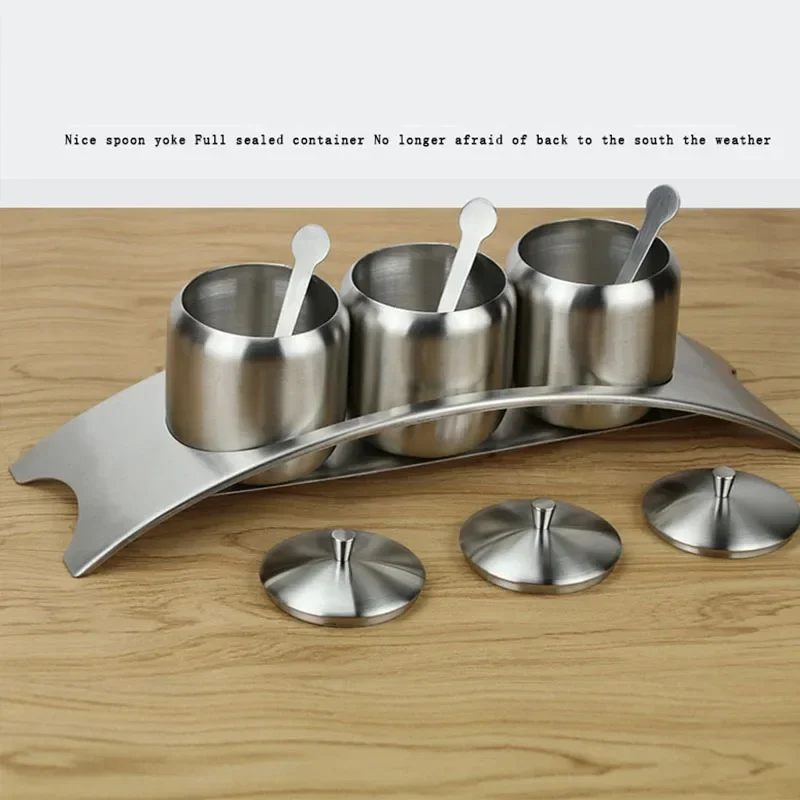 Stainless Steel Seasoning Flavor Can Sugar Box Kitchen Tool Salt Pepper Pot BBQ Condiment Cruet Storage Spice Jar Bottle Spoon