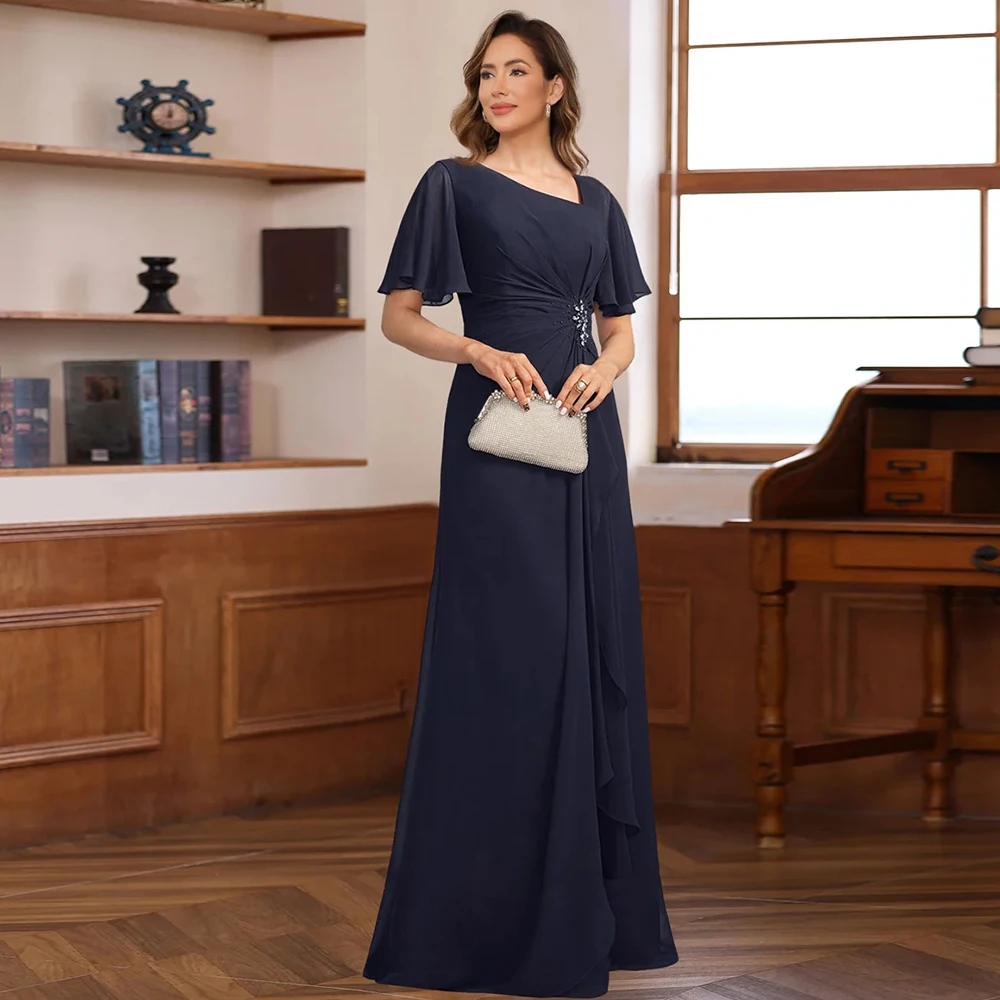 

Elegant Class Wedding Mom Dresses Chiffon A-line Wedding Party Dress Navy Blue V-neck Rhinestones Pleat Groom's Mother Gown Long