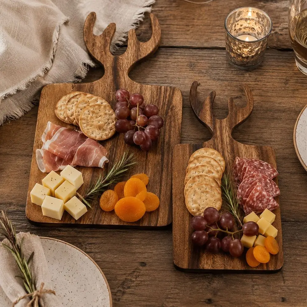 1pc Teak Deer Antler Shaped Chopping Board, Bread Board, Vegetable Cutting Board, Fruit Cutting Board, Serving Tray