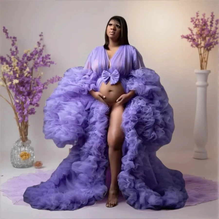 Sexy Purple Maternity Dress Photography  V Neck Bride Robe Long Sleeves Tulle Pregnant Prom Gowns Customized For