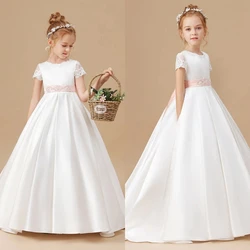 Customised Elegant White Satin First Communion Gowns Wedding A-line Flower Girl Dress Pink Bow Belt Princess Kids Birthday Gown