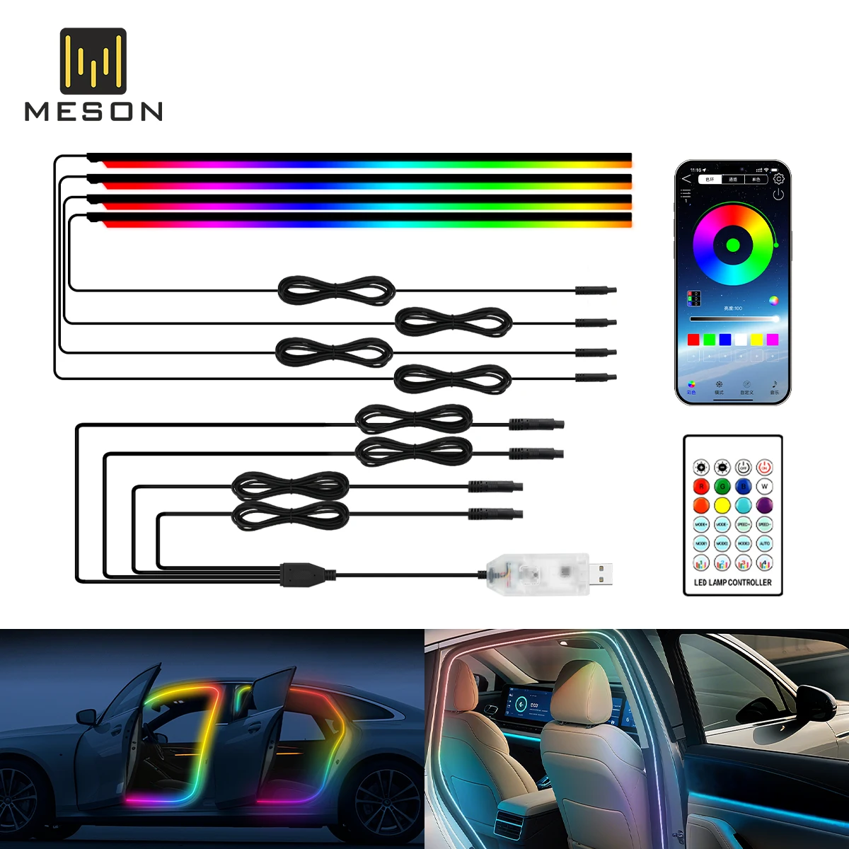 4in1 LED Interior Car Door Light Ambient Strips Light Car Decoration With Remote Control 8 Modes USB App Control Car Accessories