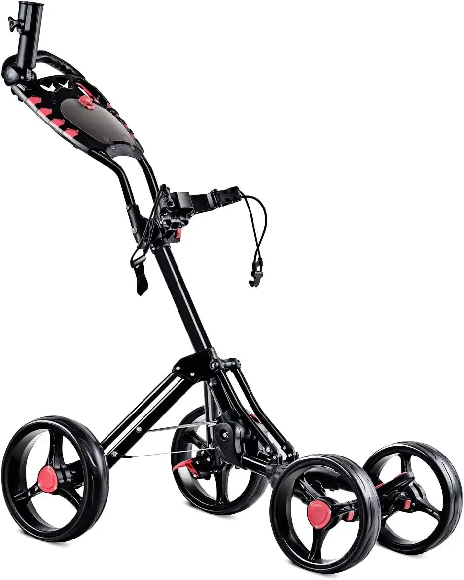 Golf Push Pull Cart, Lightweight Aluminum Collapsible 4 Wheels Golf Push Cart, Golf Trolley with Foot Brake