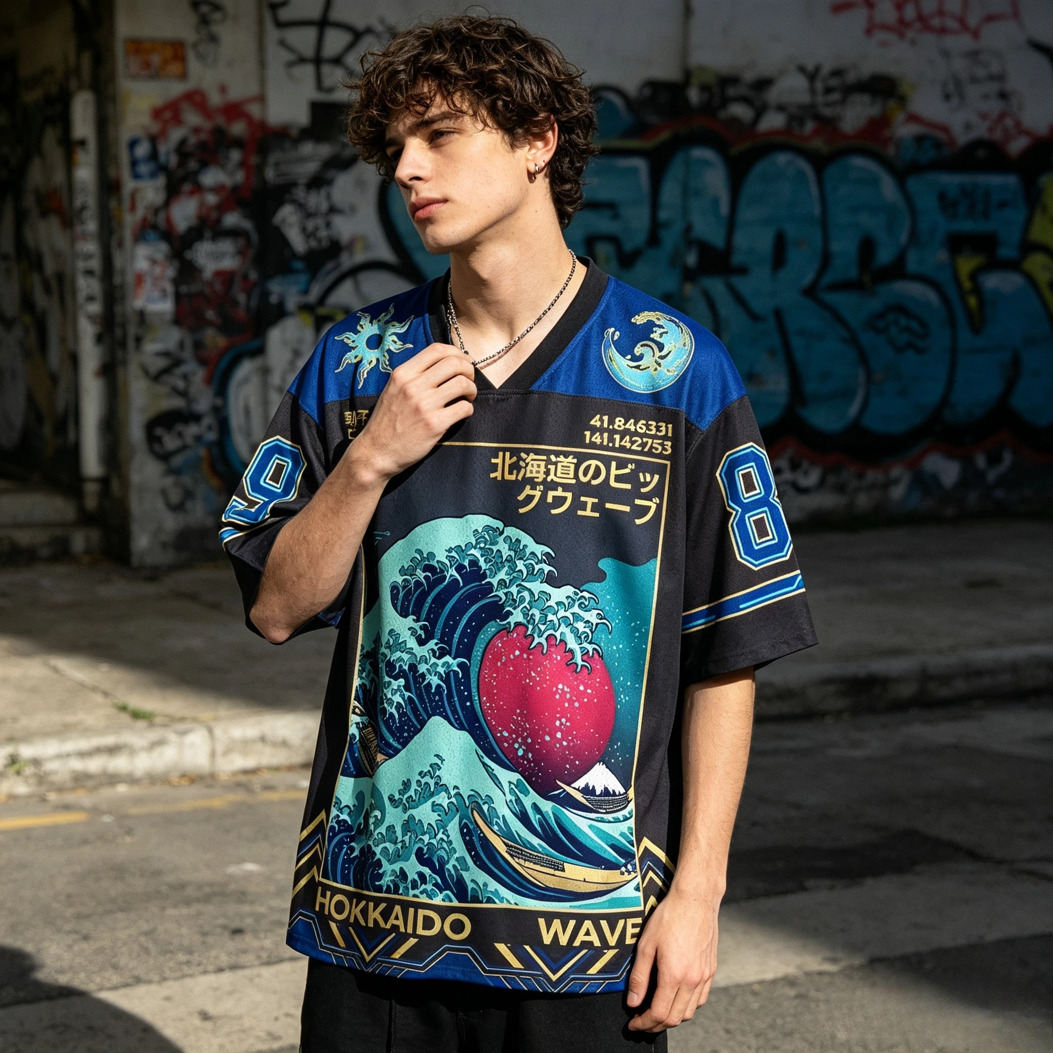 2026 New Unisex Harajuku Style Jersey Tee Ukiyo‑e Ocean Wave Graphic V Neck Short Sleeve Hip‑Hop Street Loose Casual Tops