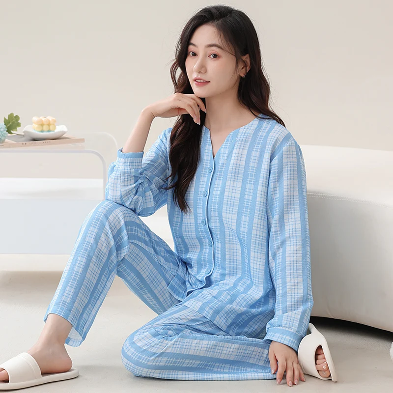 

Blue Plaid Women Pajamas Set Autumn Winter Long Sleeves Long Pants Casual Sleepwear Cute Pyjamas Kawaii Pijamas Cozy Pjs Soft Pj