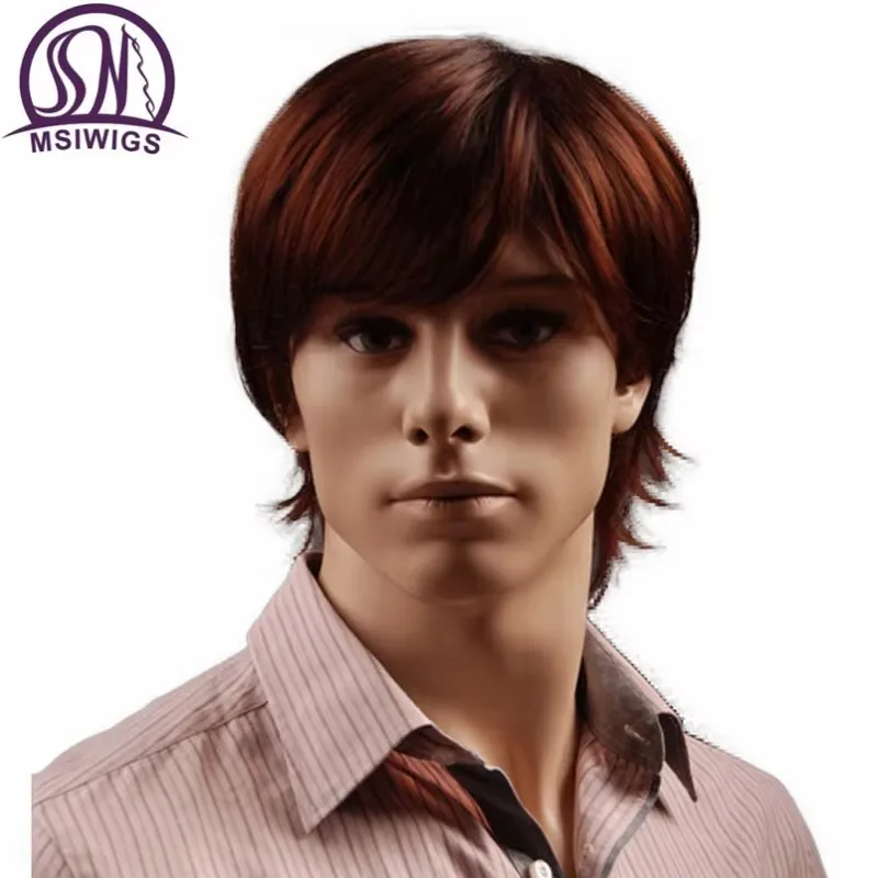 MSIWIGS 8 Inch Short Synthetic Wigs for Men Reddish Brown Straight Male Wig with Bangs Heat Resistant