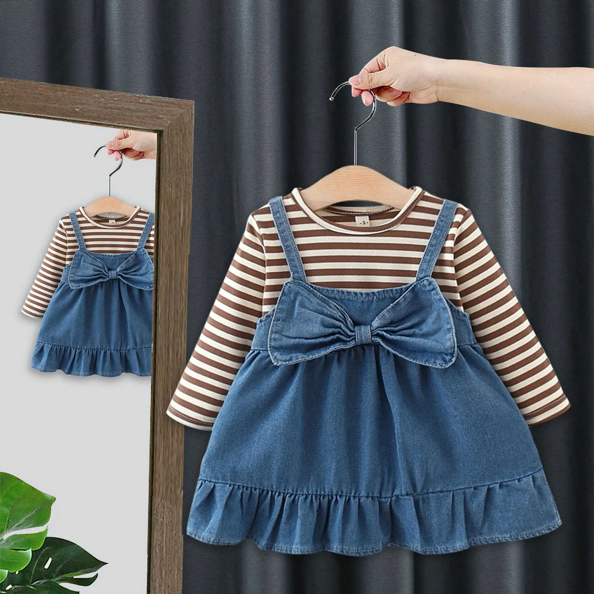 

6M-3T Baby Girl Clothes Autumn Girls Dresses Longe Sleeve Fake 2 Piece Dress for Girls Toddler Girl Denim Dress 1 Years Old