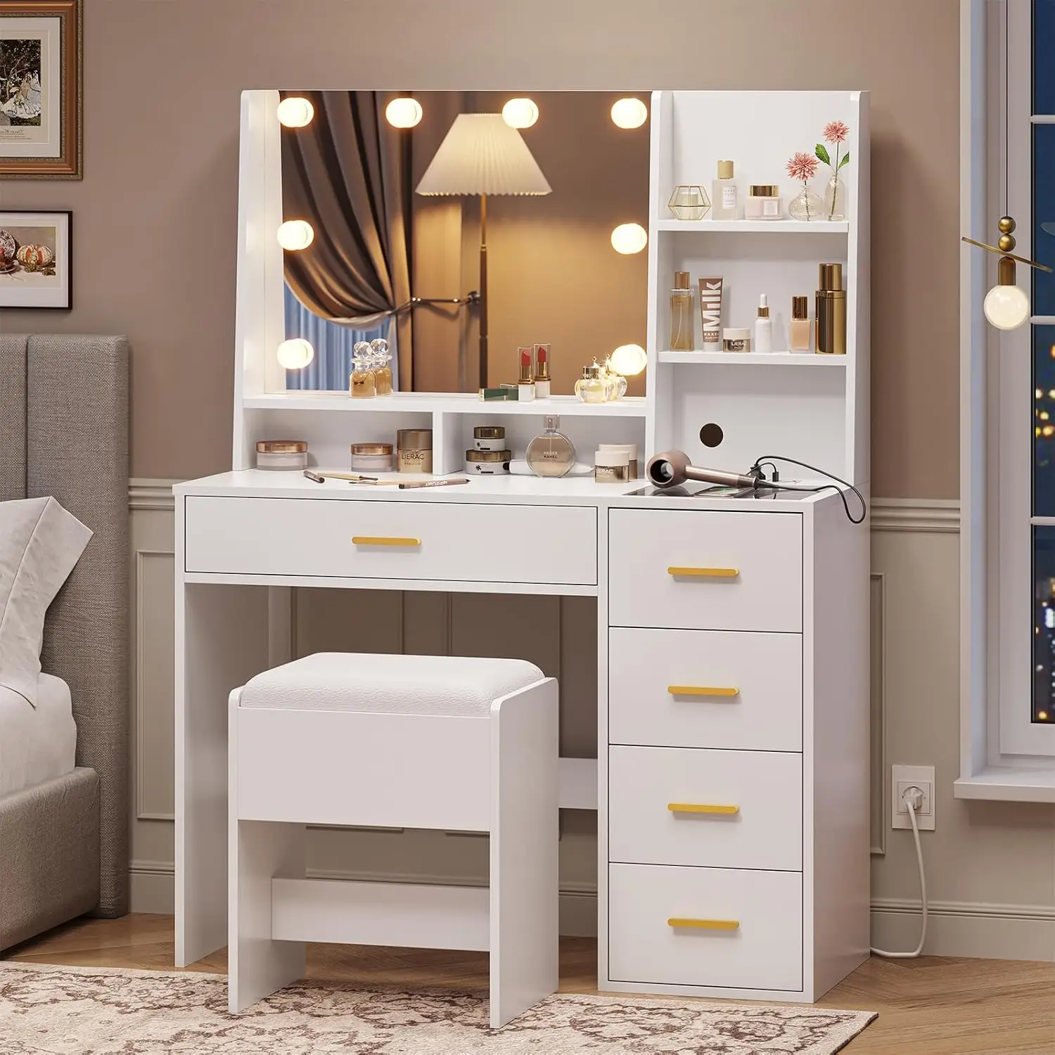 

Makeup Set with Mirror and Lights, Vanity Desk w/ Charging Station & Cushioned Stool, White Bedroom Vanity Table w/ Drawers