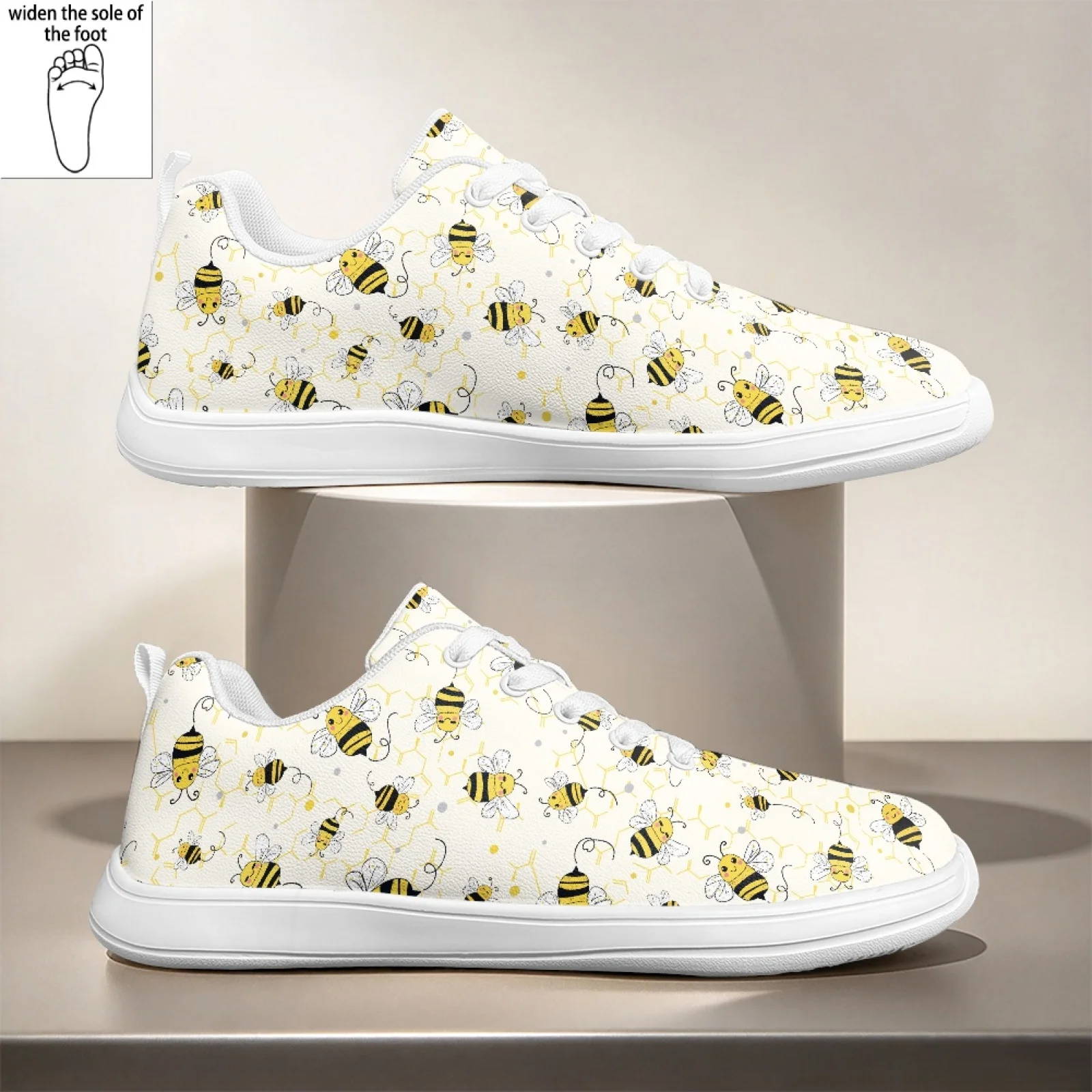 PENSTROLL Bee Pattern Wide Width Lace-Up Comfort Work Shoes Nurse Shoes for Women Walking Standing