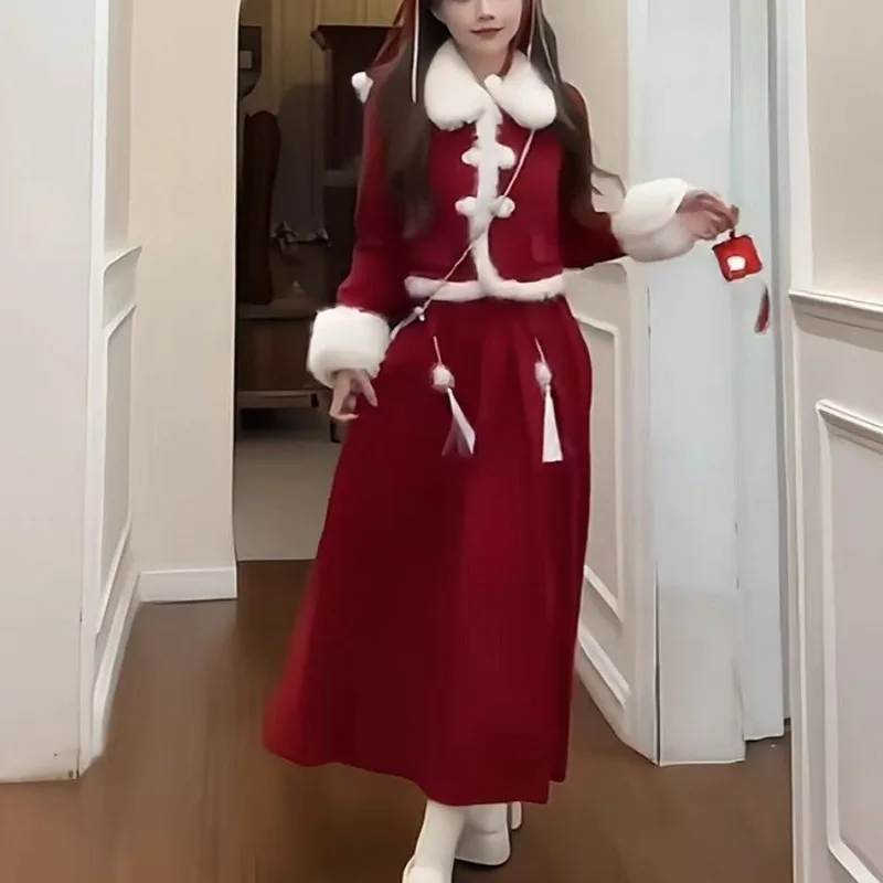 Women Sets Gentle Sweet Patchwork Velvet Cozy Jacket Mid-length Pleated Skirt Two-piece Winter Outfits Popular Trendy Ulzzang