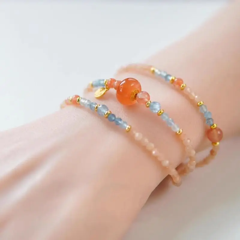 Tangerine Chinese-style Red and Blue Beaded Multi-circle Bracelet Niche High-end Lucky Hand String Good Lucky High-value Jewelry