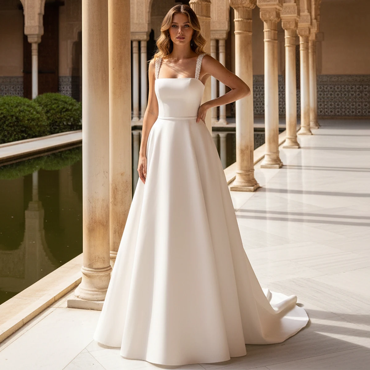 

Elegant Beaded Satin Wedding Dress WIth Train Long Square Collar Bridal Party Gown Pleated Ball Gown For Bride